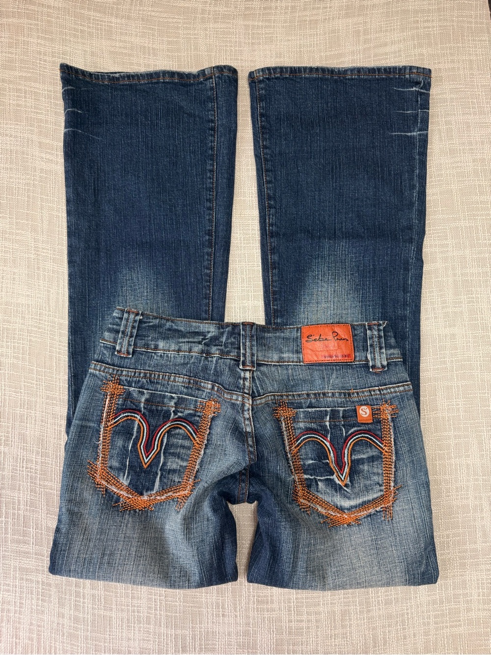 Sebe Paris Y2K Low Rise Flare Jeans 7/8 Orange Stitch